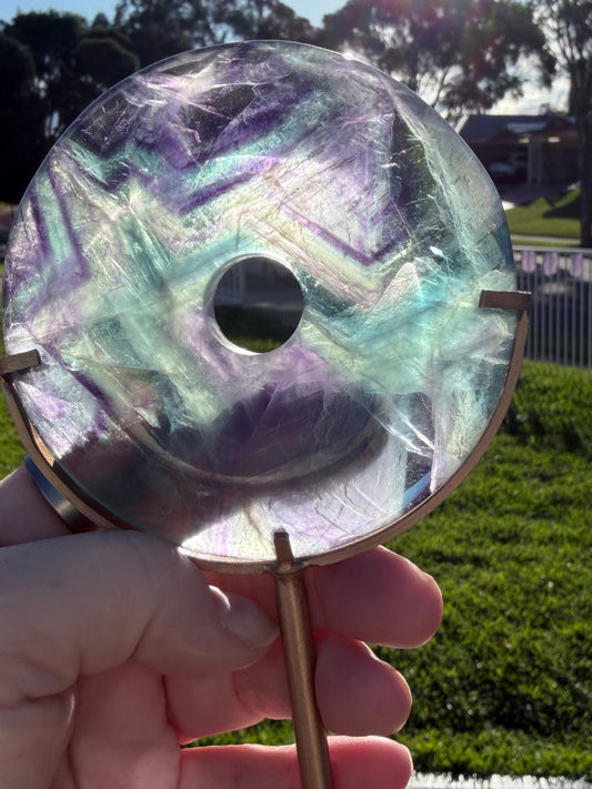 Rainbow Fluorite Donut on Stand – 9cm 250g 17cm On Stand