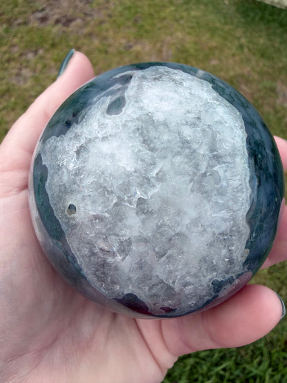 Moss Agate Sphere 7.8cm (658g) | Green & White with Red Inclusion
