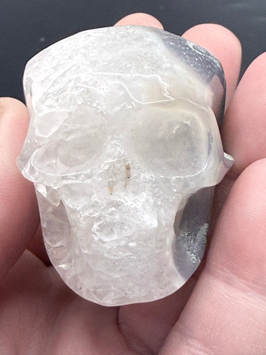 Moss Agate with Quartz Skull Carving – 120g | 5.5 × 5cm