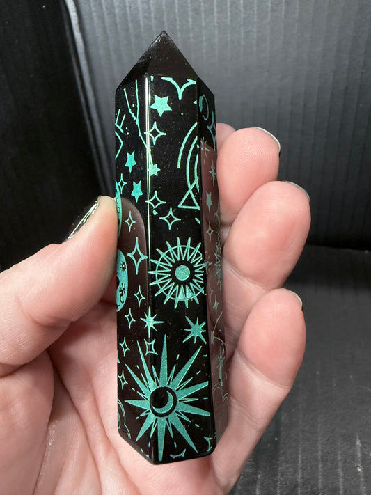 Black Obsidian Point with Green Pattern 10cm