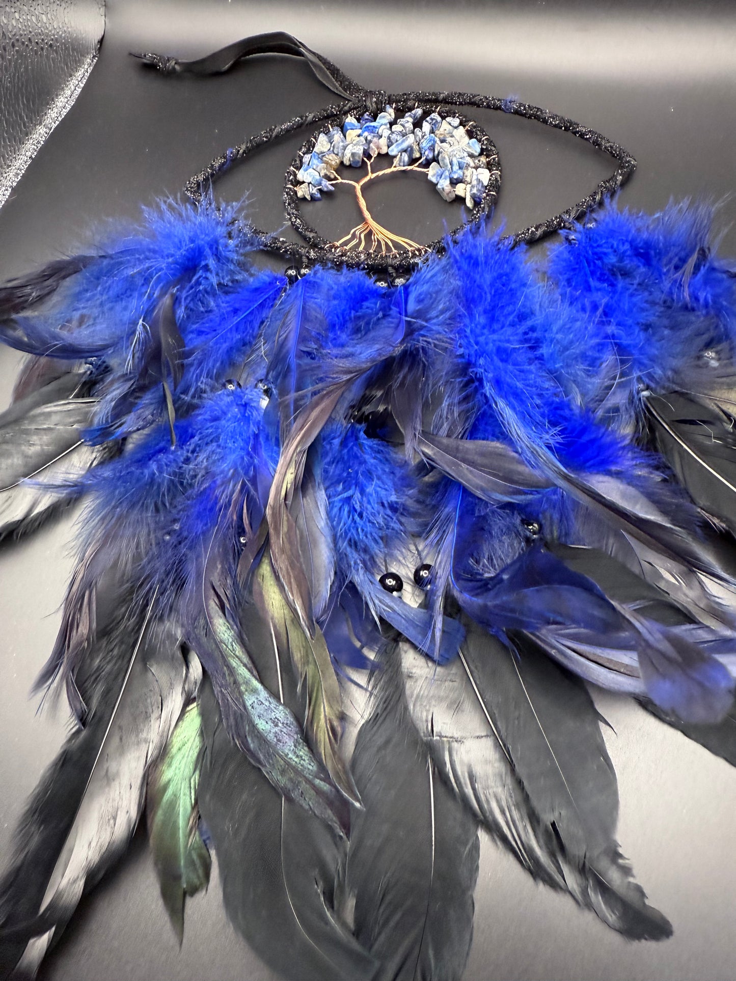 Blue & Black Dreamcatcher with Lapis Lazuli Tree of Life – 35cm