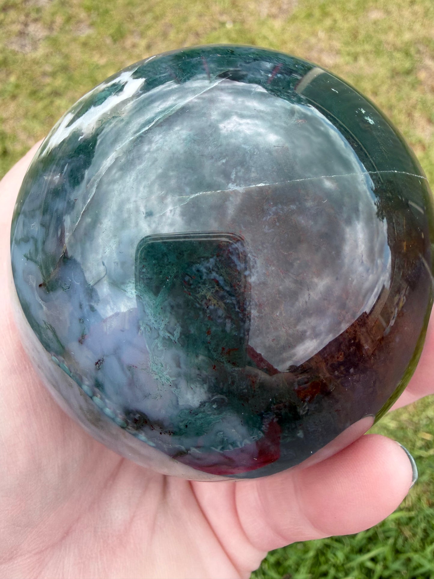 Moss Agate Sphere 7.8cm (658g) | Green & White with Red Inclusion