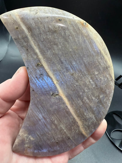 Blue Flash Moonstone with Sunstone Moon on Stand