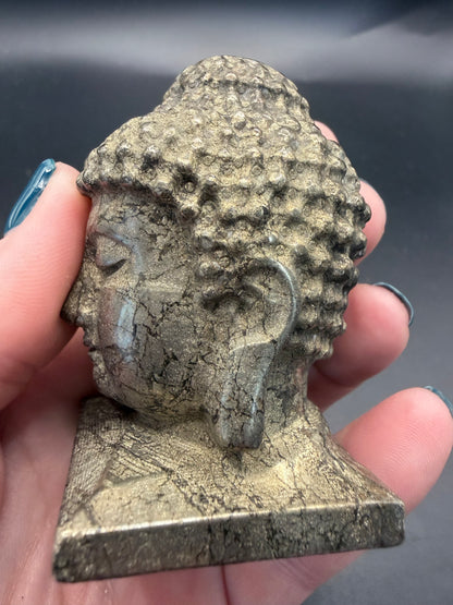 Pyrite Buddha Head Carving – 6 × 4 cm