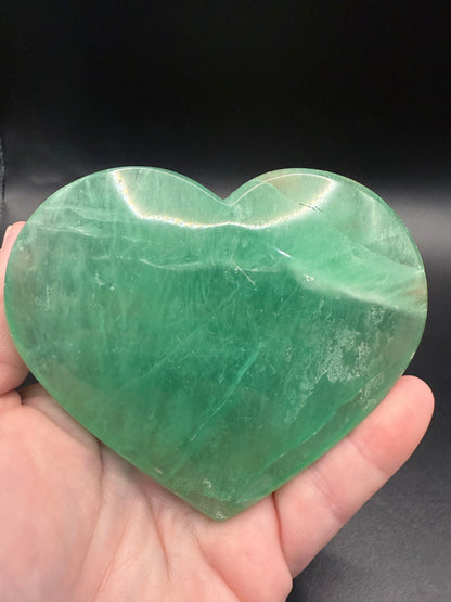 Green Fluorite Polished Heart with Stand – 388g 10.2 x 8.8