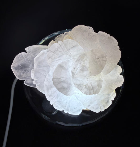 Rose Quartz Rose Carving with Light Base – 10 × 8 cm | 242g
