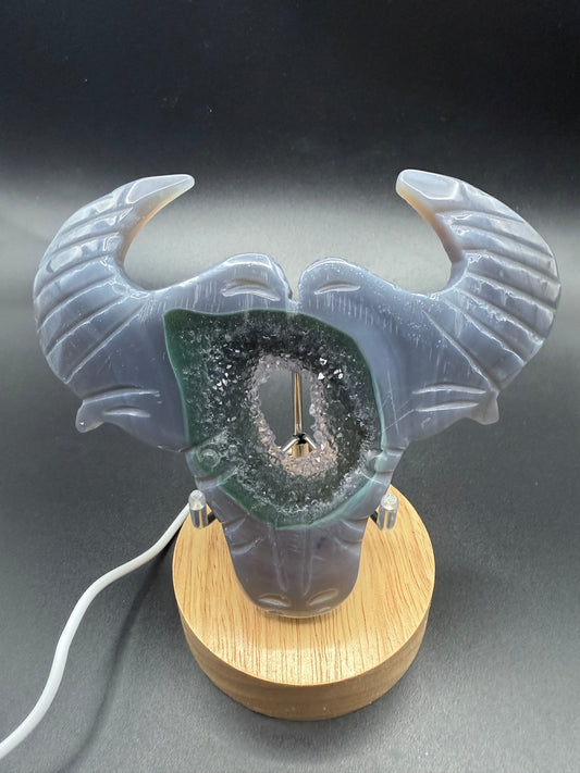 Agate with Green Druzy Bull Skull With Light Stand
