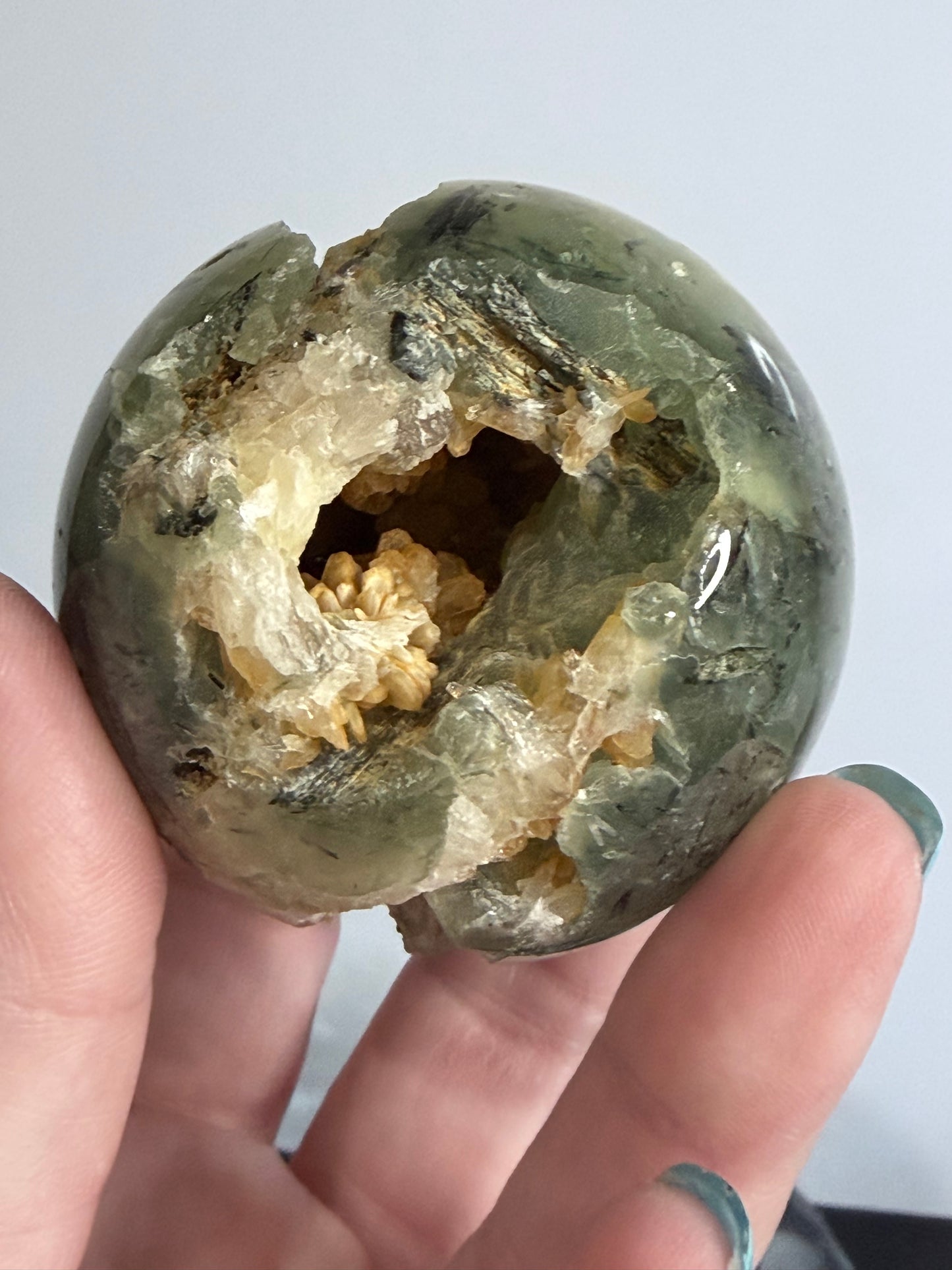 Prehnite with Epidote & Calcite Crystal Cave Sphere C - 5.7cm