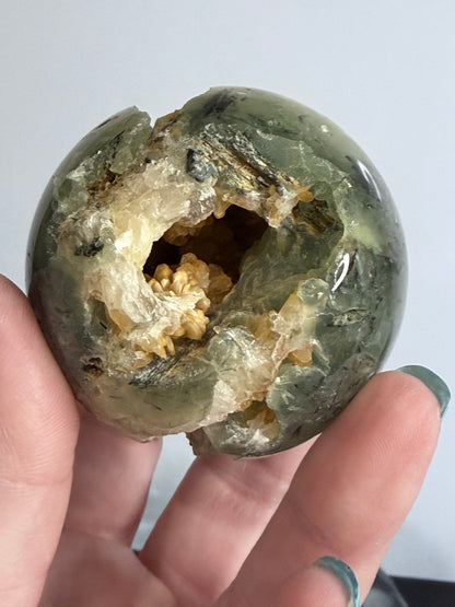 Prehnite with Epidote & Calcite Crystal Cave Sphere C - 5.7cm