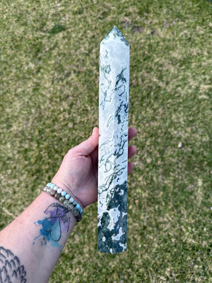 Extra Large Moss Agate Tower with Druzy 35cm 1.4kg