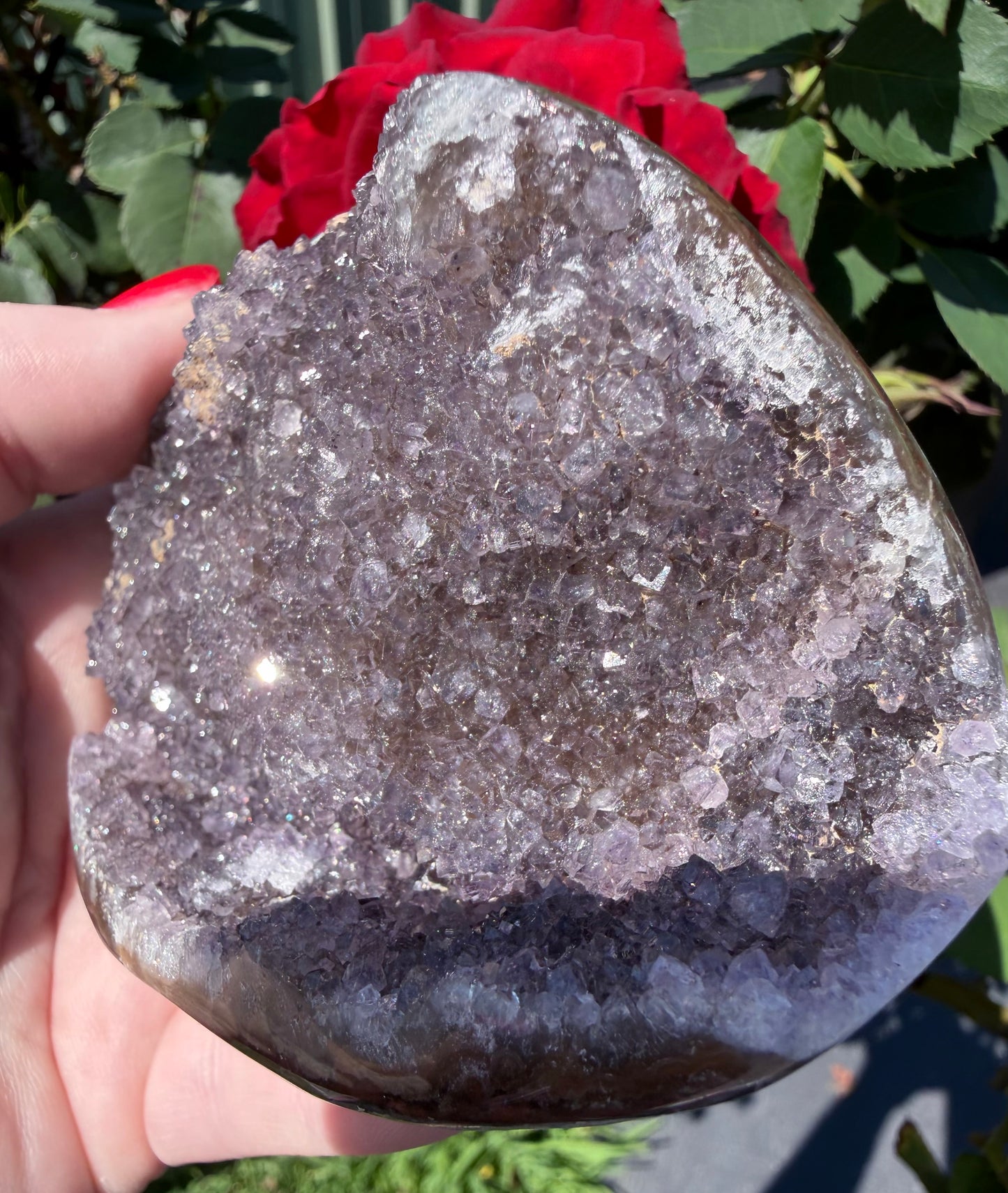 Red Amethyst Druzy Crystal Charging Bowl – Sparkling Agate Geode Freeform (410g)
