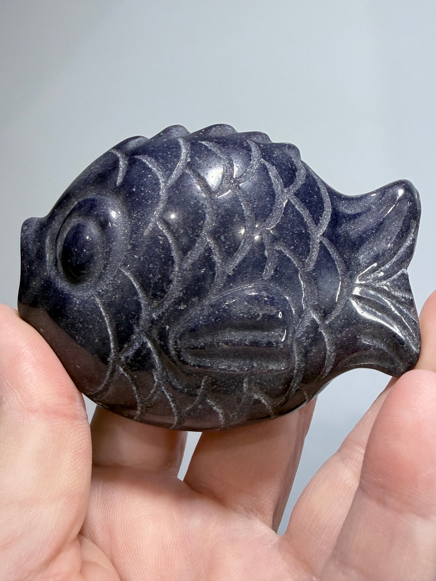 BLUE AVENTURINE FISH CARVING ON STAND