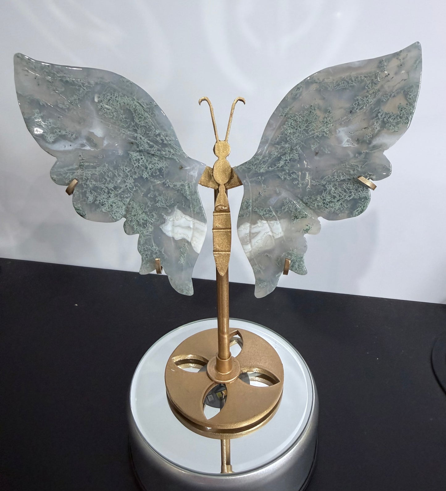 Moss Agate Butterfly Crystal Display on Stand – 16 cm
