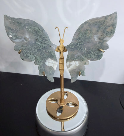 Moss Agate Butterfly Crystal Display on Stand – 16 cm