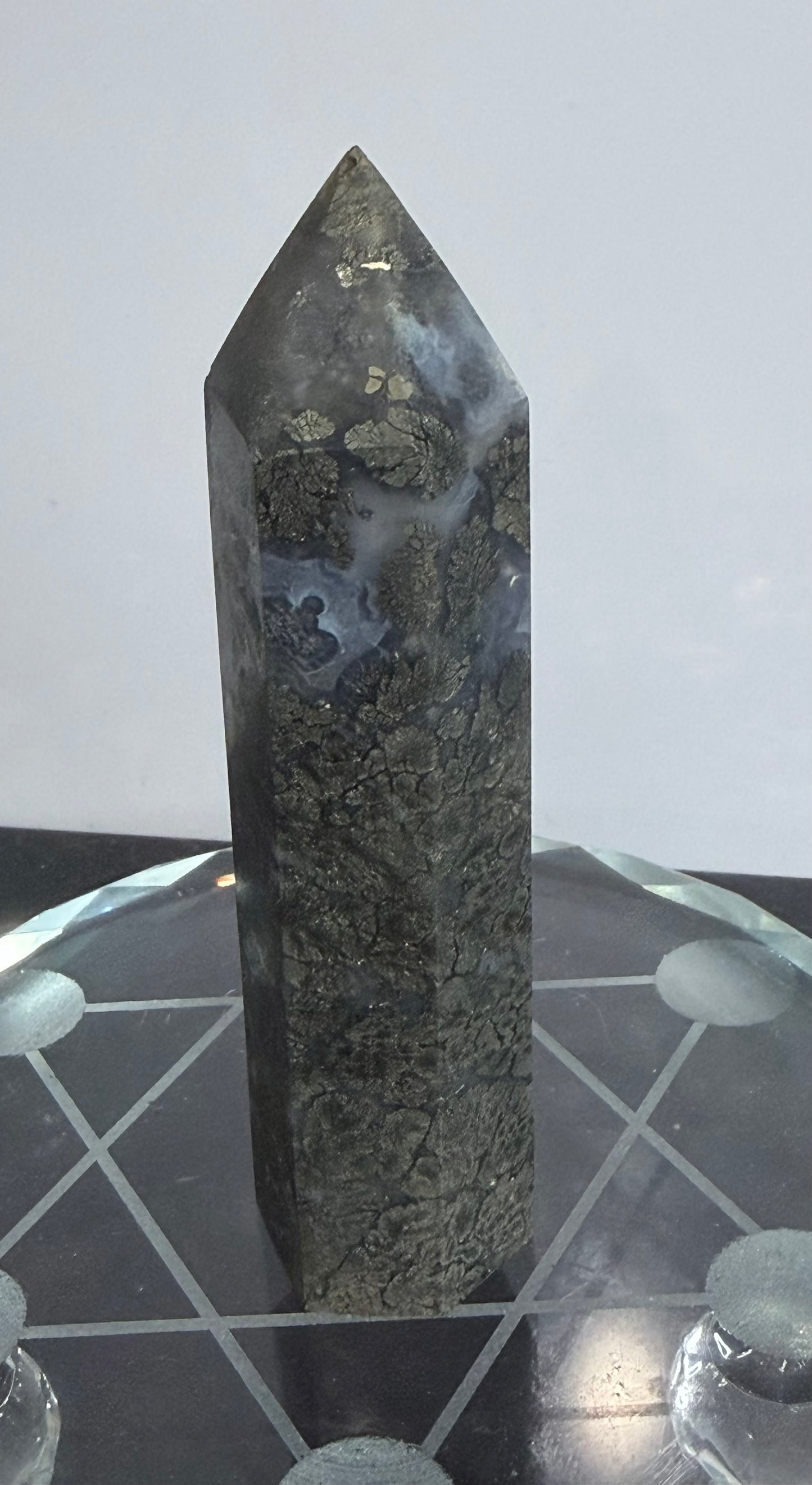 Marcasite in Agate Crystal Tower – 10cm | 133g