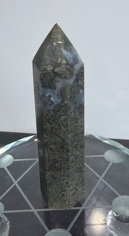 Marcasite in Agate Crystal Tower – 10cm | 133g