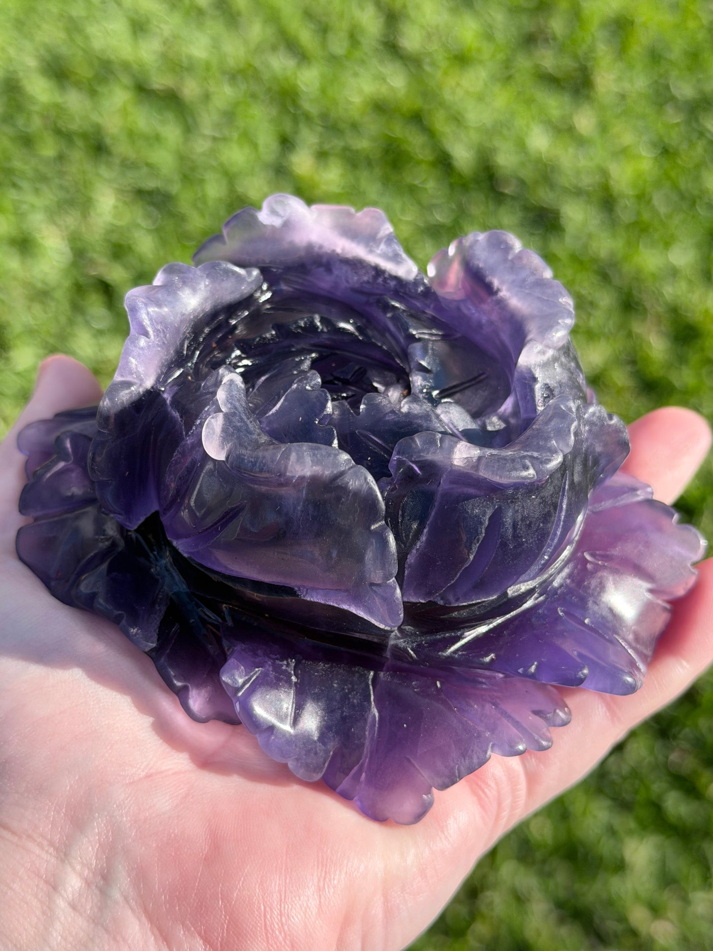 Purple Fluorite Rose Carving with Stand – 805g