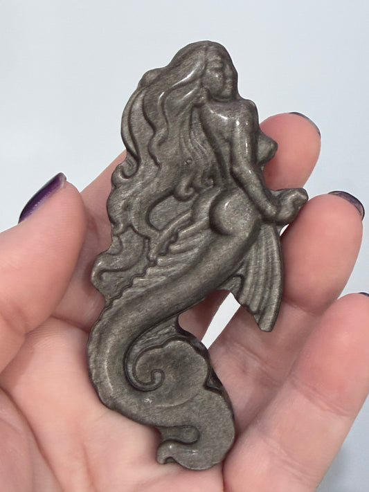 Silver Sheen Obsidian Mermaid Carving 8.7cm