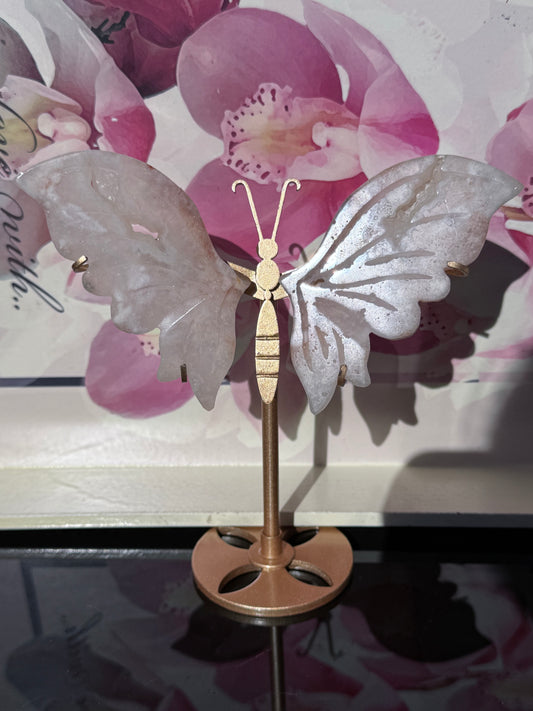 Flower Agate Butterfly on Gold Stand