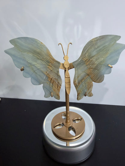 Blue Onyx (Banded Calcite) Butterfly Crystal Display on Stand – 16 cm