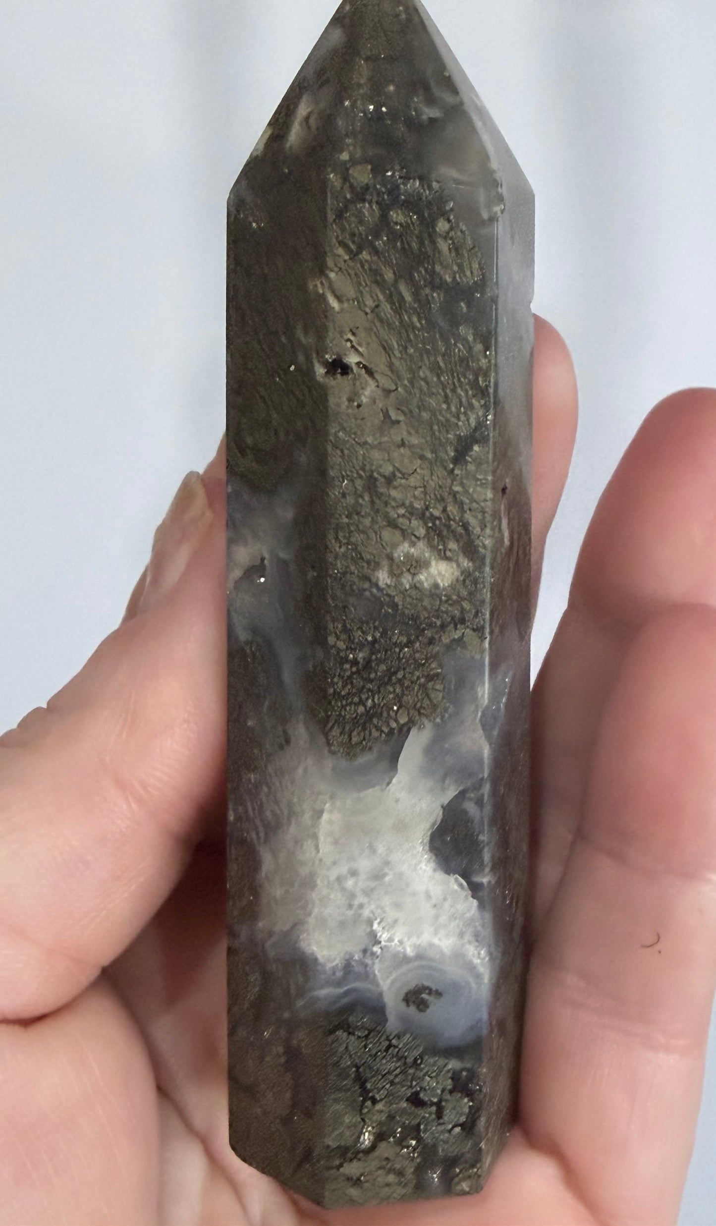 Marcasite in Agate Crystal Tower – 10cm | 123g