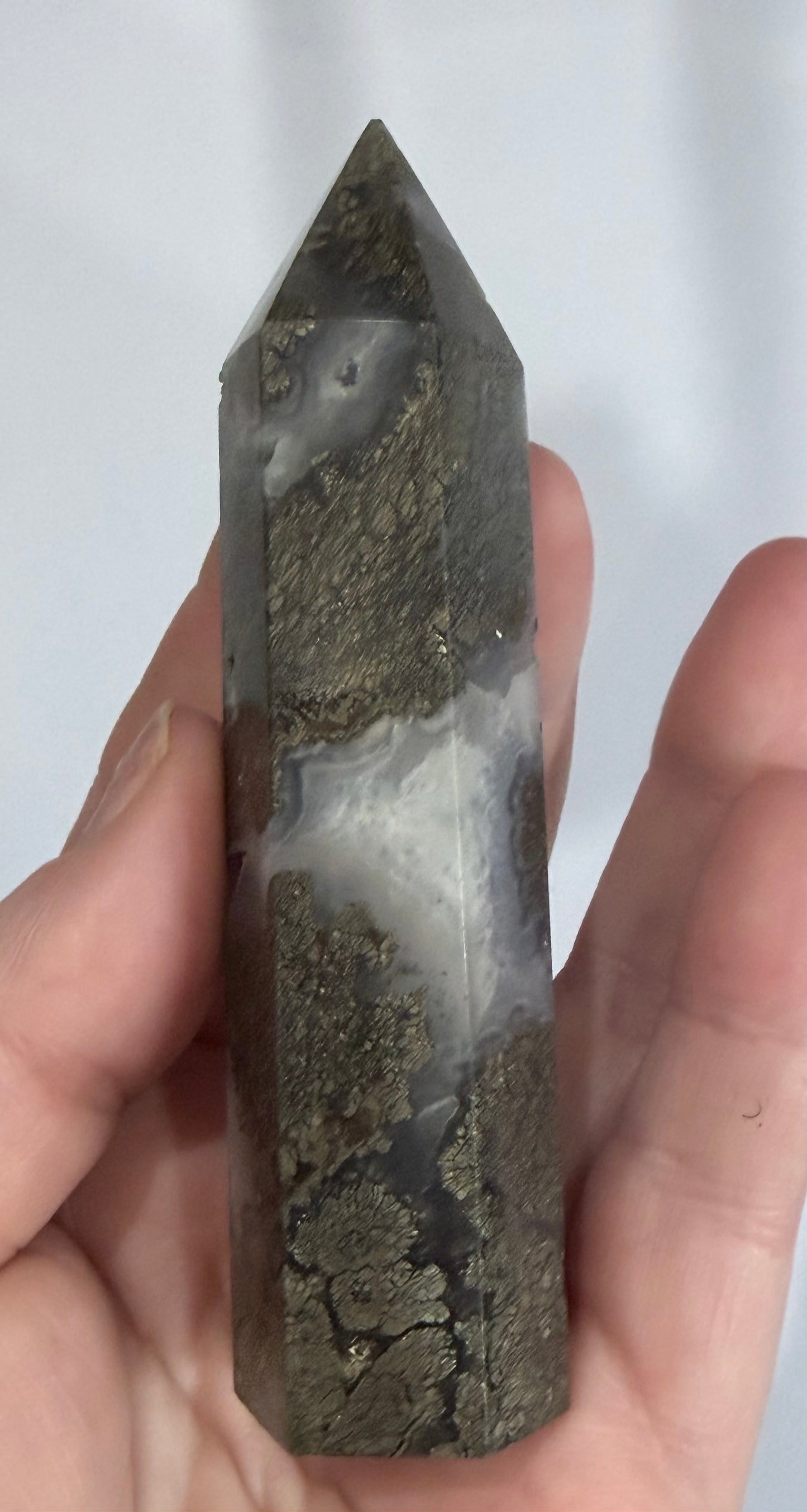 Marcasite in Agate Crystal Tower – 10cm | 123g