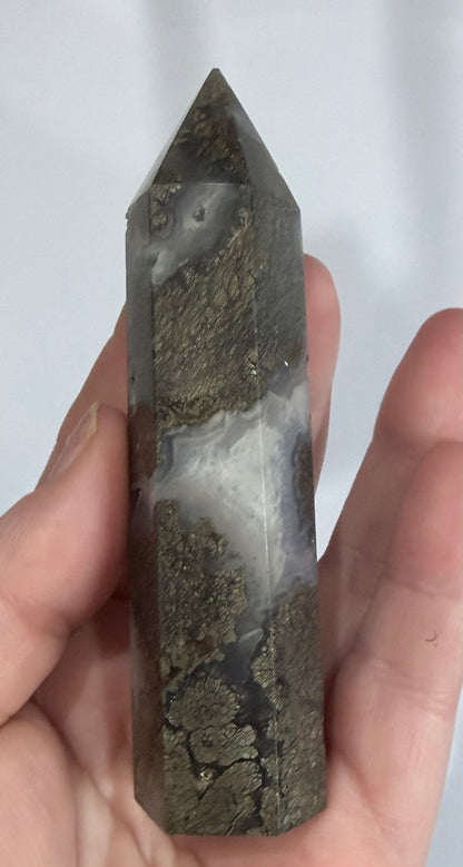 Marcasite in Agate Crystal Tower – 10cm | 123g