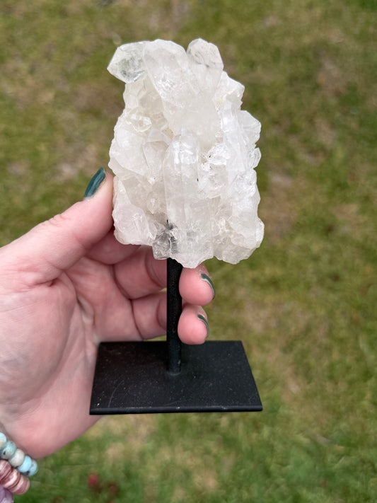 Clear Quartz Cluster on Stand (Brazil) – 308g | 14 × 6cm
