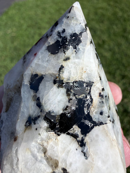 Rainbow Moonstone with Black Tourmaline & Pyrite Polished Point – 228g