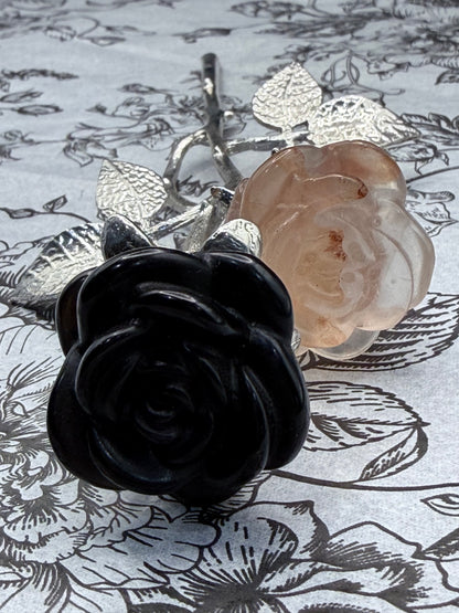 Black Obsidian & Fire Quartz Crystal Double Rose Stem (20cm)