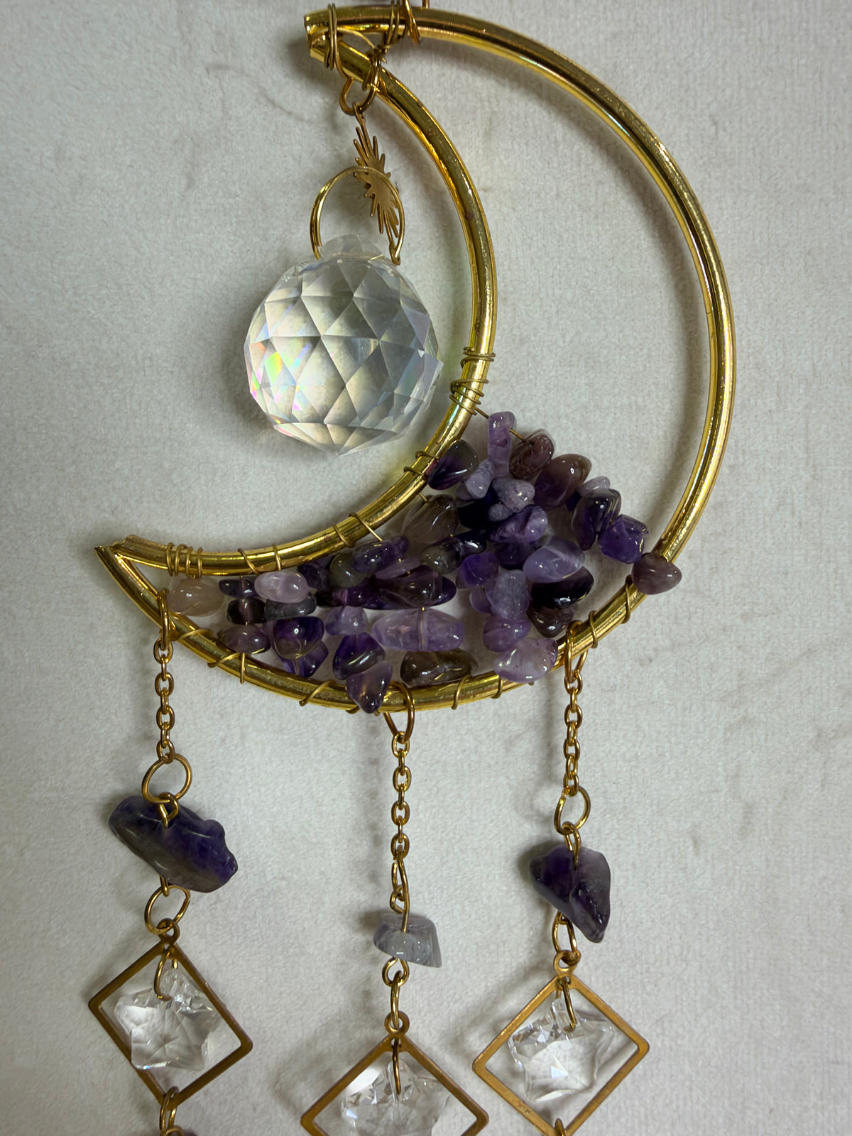 Amethyst Crescent Moon & Stars Suncatcher – 30 × 7 cm