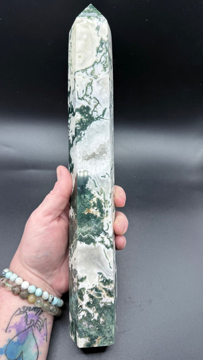 Extra Large Moss Agate Tower with Druzy 35cm 1.4kg