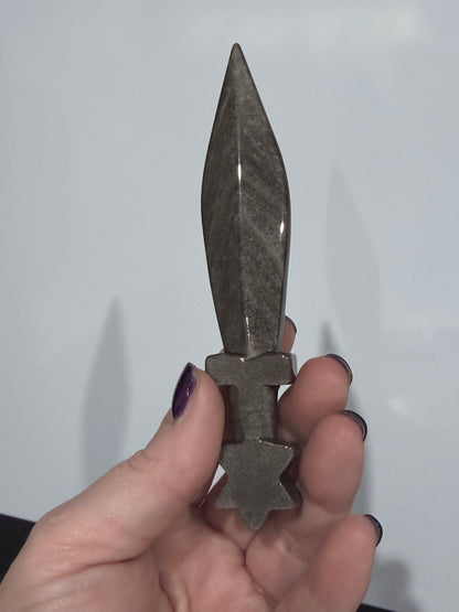 Silver Sheen Obsidian Dagger with Star Pommel – 13.5 cm