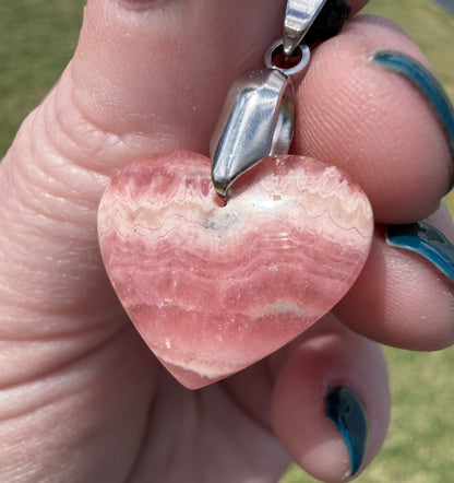 Rhodochrosite Heart Pendant Necklace – 50cm Rope Chain (Gift Box Included)