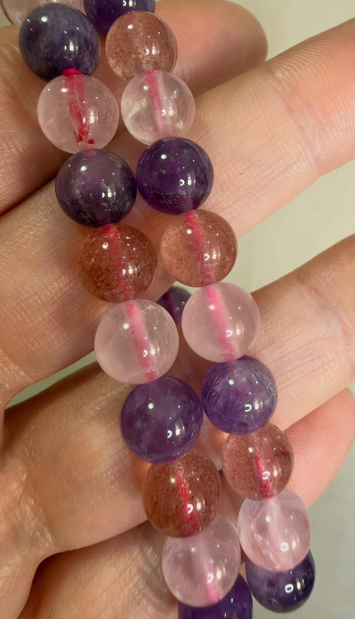 8mm Amethyst, Rose Quartz & Strawberry Quartz Bracelet