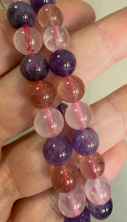 8mm Amethyst, Rose Quartz & Strawberry Quartz Bracelet