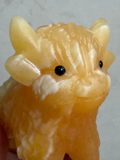 Highland Cow Orange Calcite Carving – 8 cm