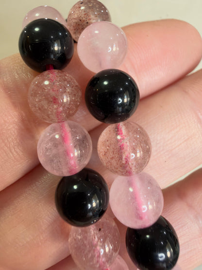8mm Rose Quartz, Strawberry Quartz & Black Obsidian Bracelet