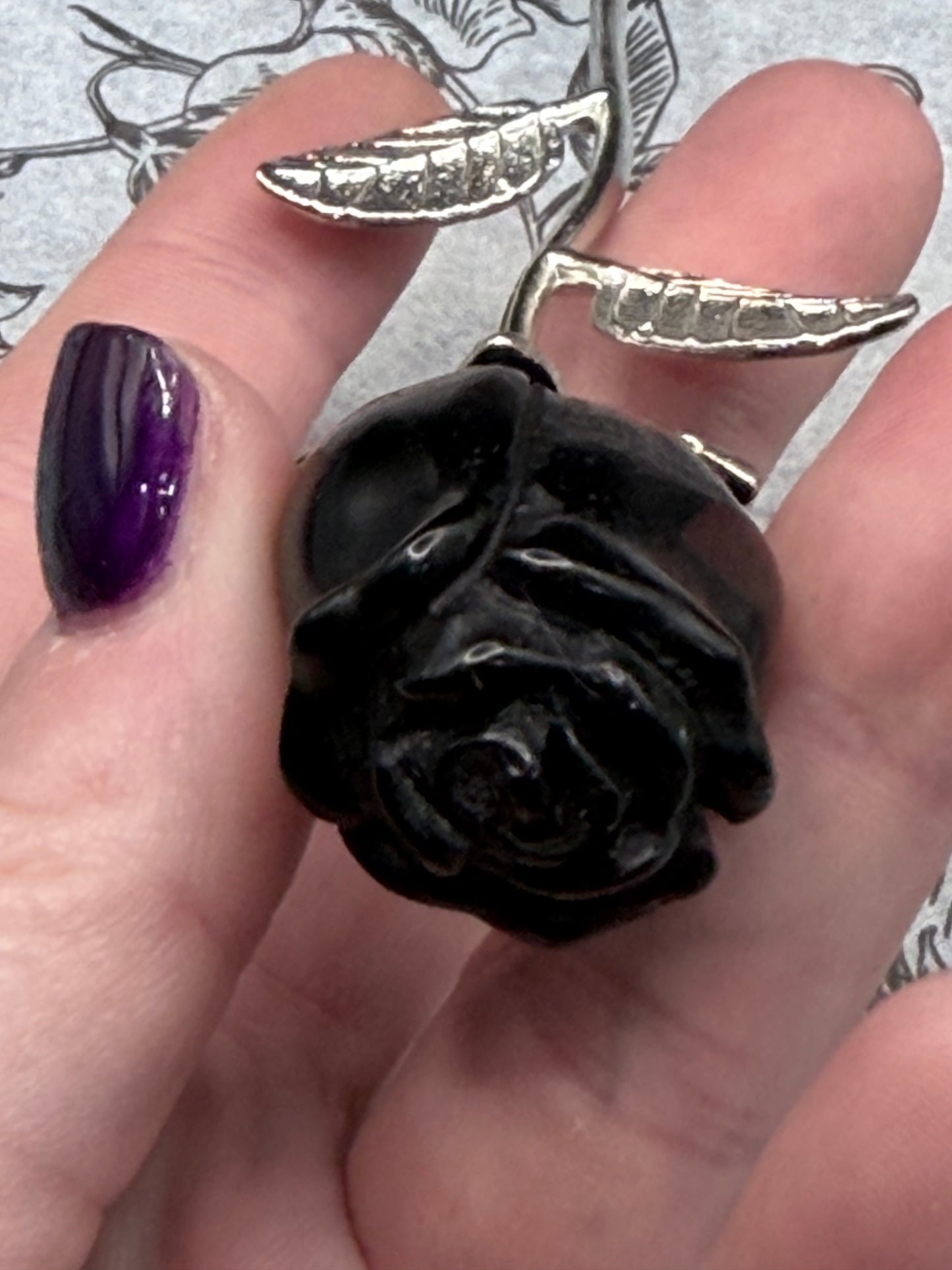 Black Obsidian Rose Carving on Stem (15cm)