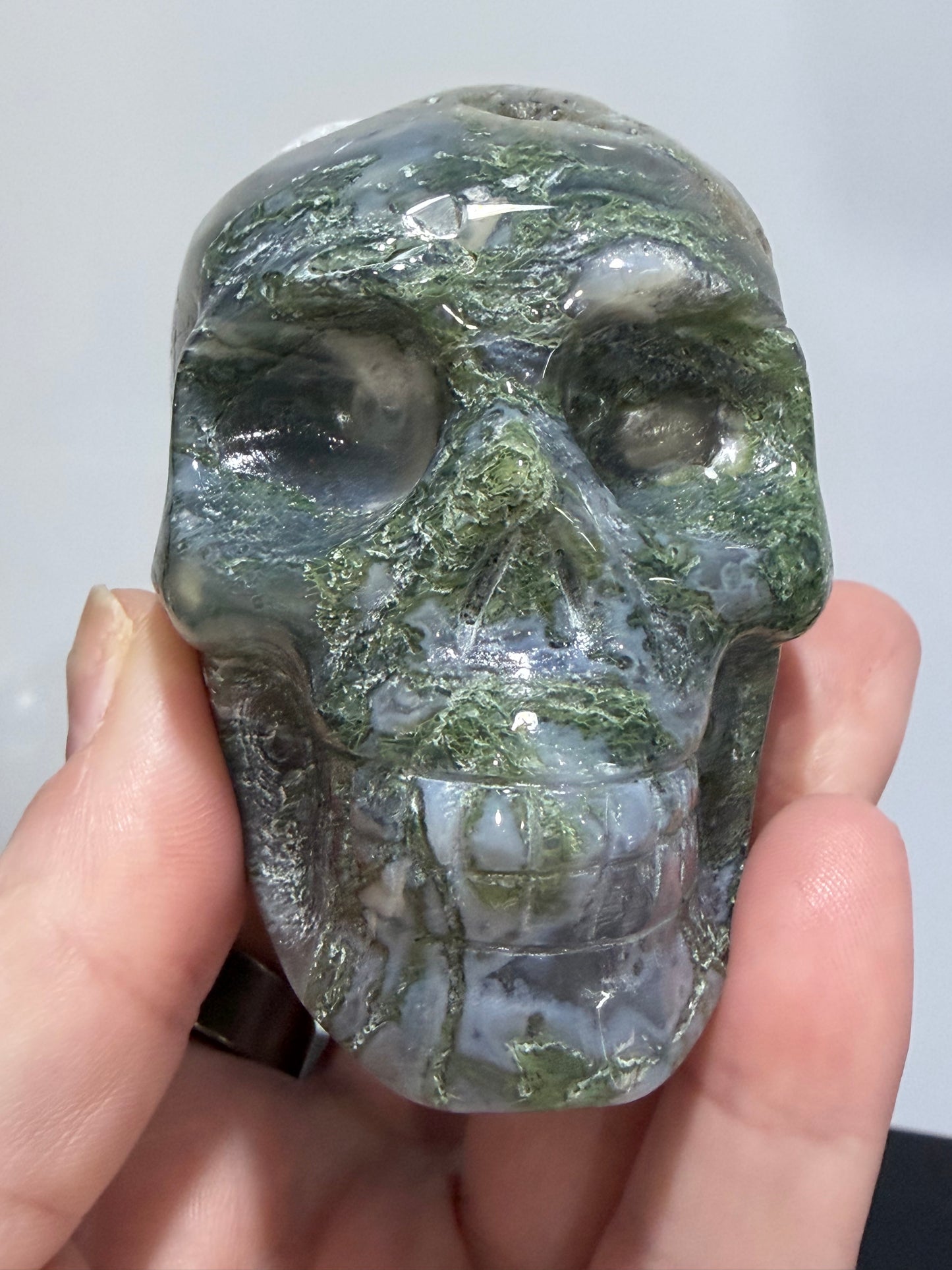 Moss Agate Druzy Skull – 8cm 277g