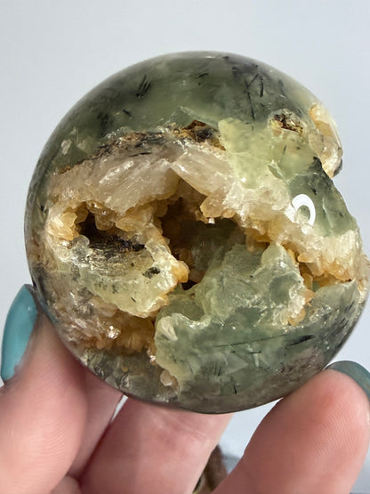 Prehnite with Epidote & Calcite Crystal Cave Sphere C - 5.7cm
