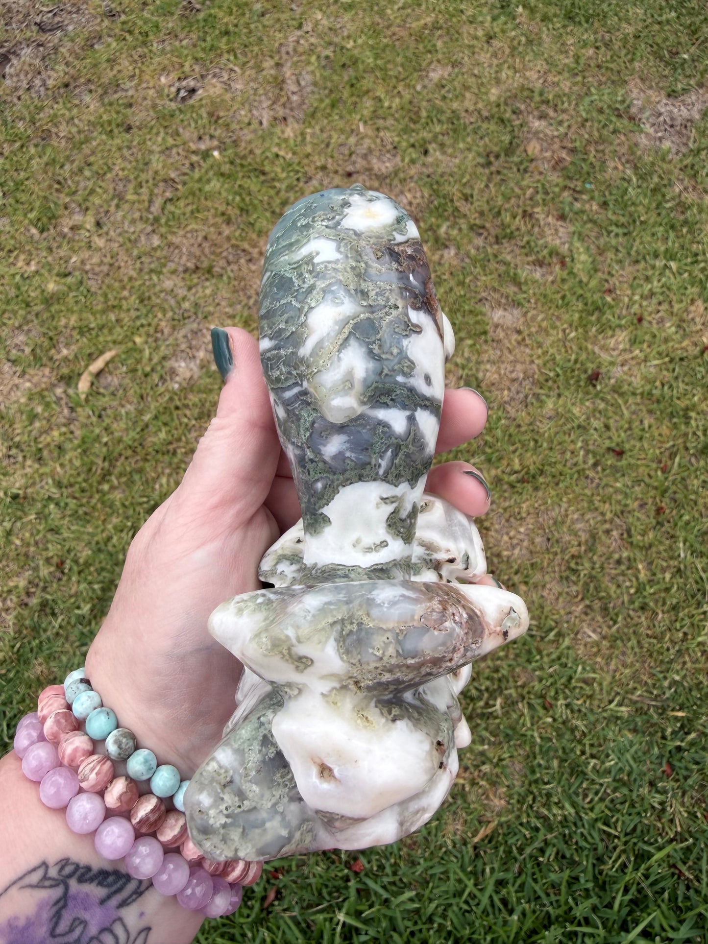 Moss Agate Dolphin Carving — 762g