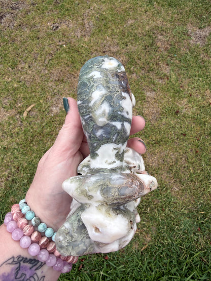 Moss Agate Dolphin Carving — 762g