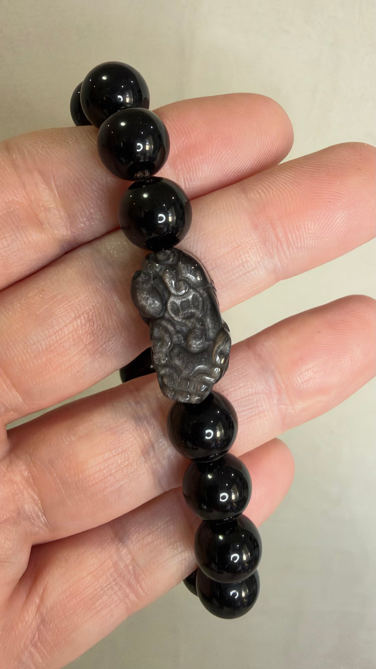 8mm Black Obsidian Bracelet with Silver Sheen Obsidian Pixiu
