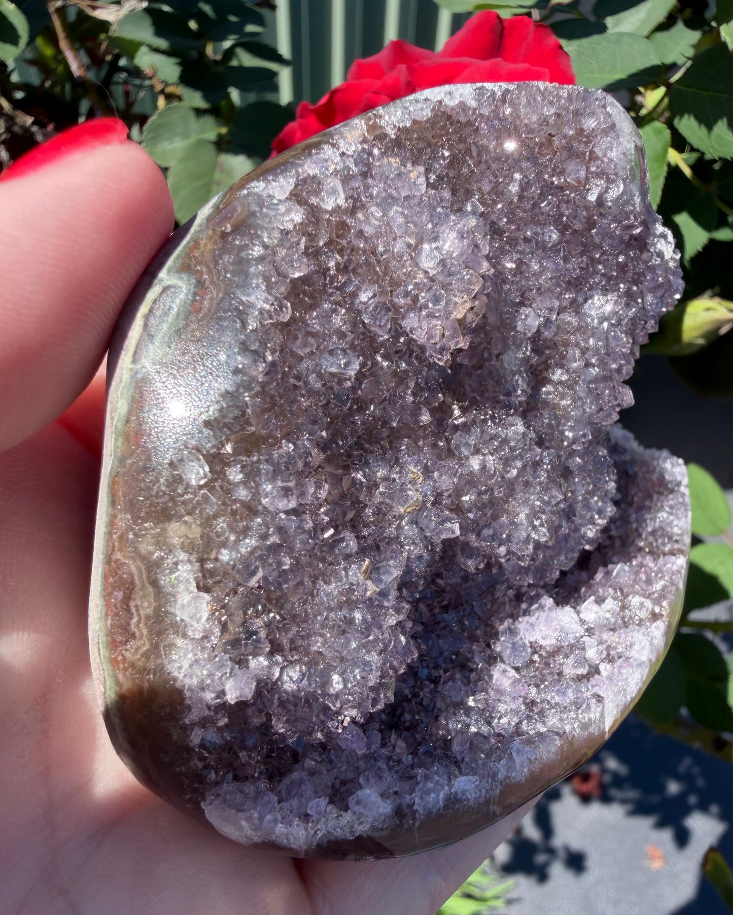 Red Amethyst Druzy Crystal Charging Bowl – Sparkling Agate Geode Freeform (410g)