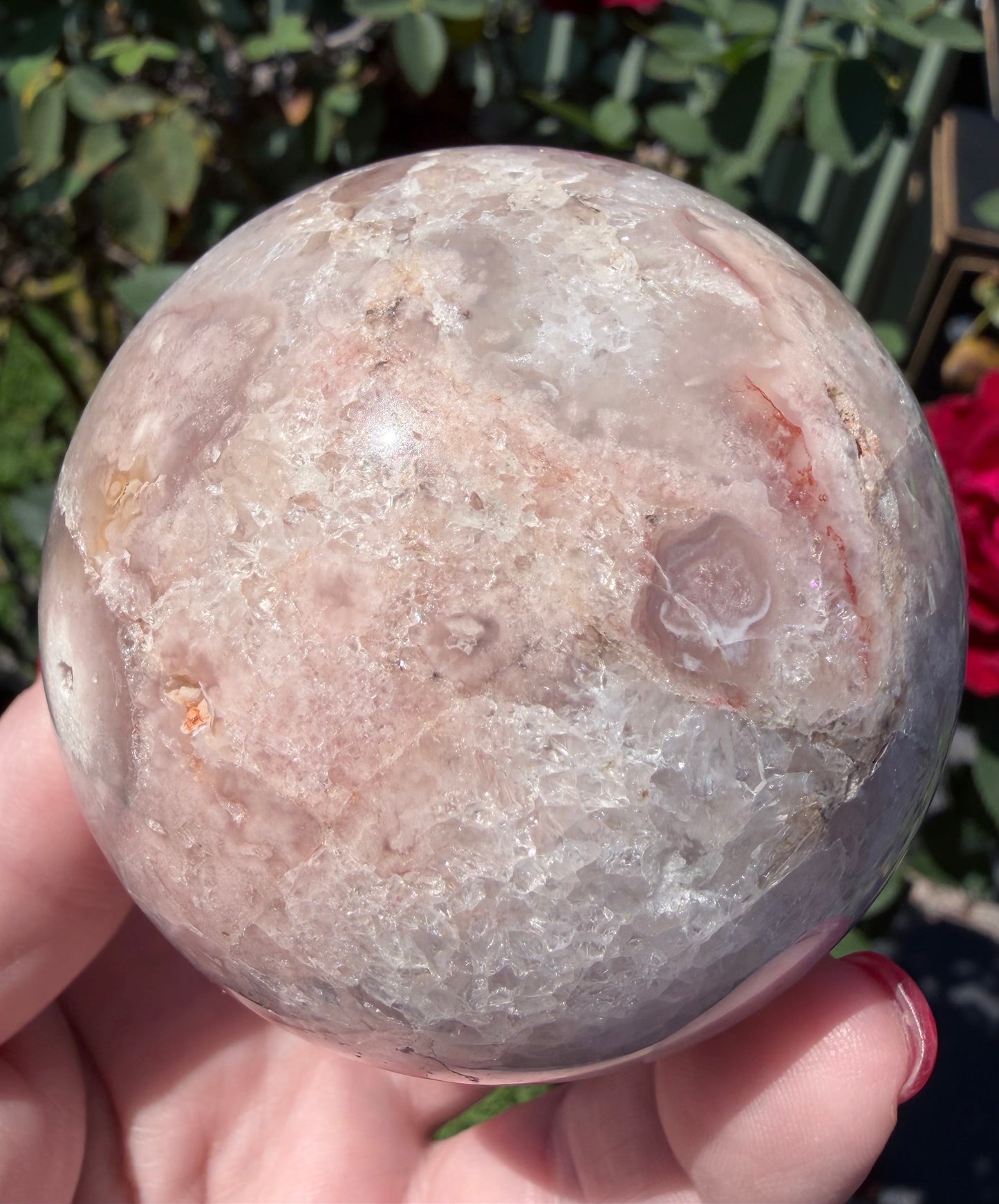 Premium Flower Agate Sphere with Druzy & Crystal Garden – 7 cm | 445g