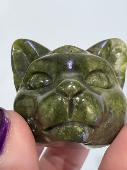 Green Serpentine Cat Head Carving – 5cm B