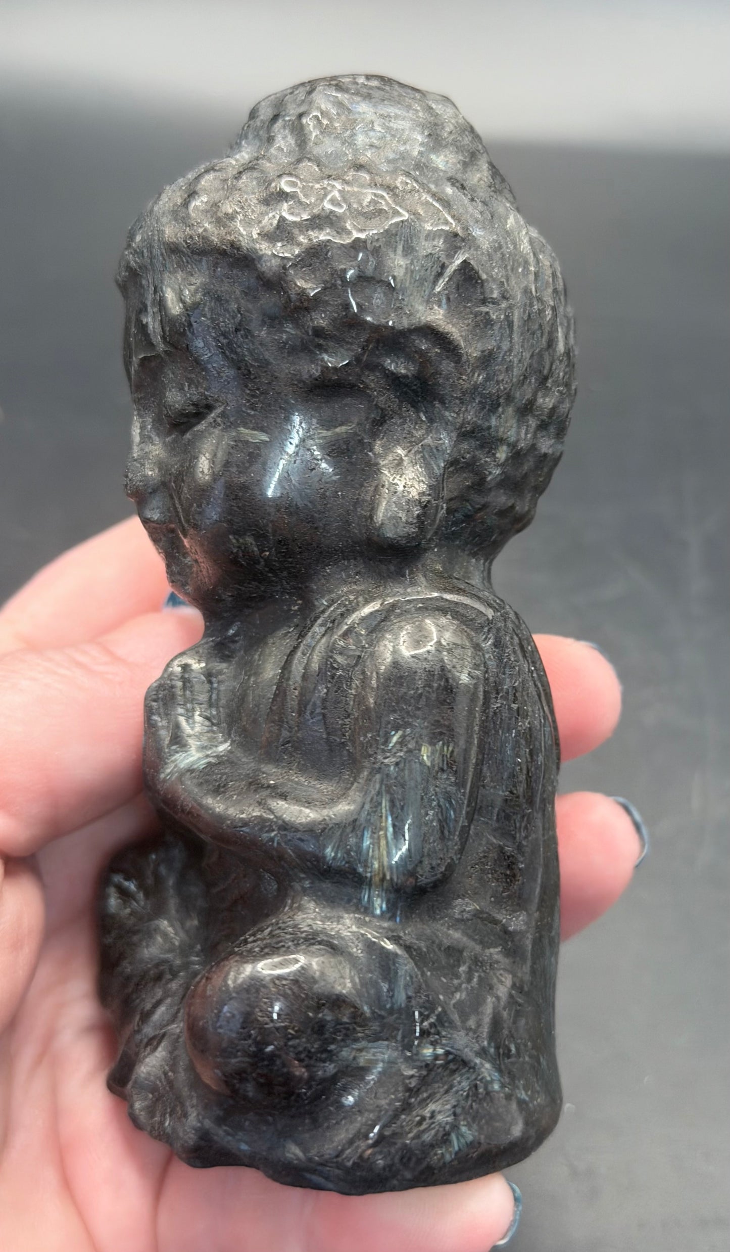 Black Obsidian Buddha Carving – 12 × 6.5 cm (555 g)
