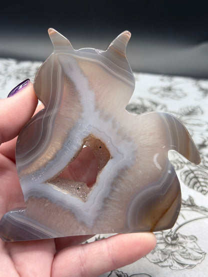 Druzy Banded Agate Cat “Geode Window” — 180g | 9.5 x 9.2cm