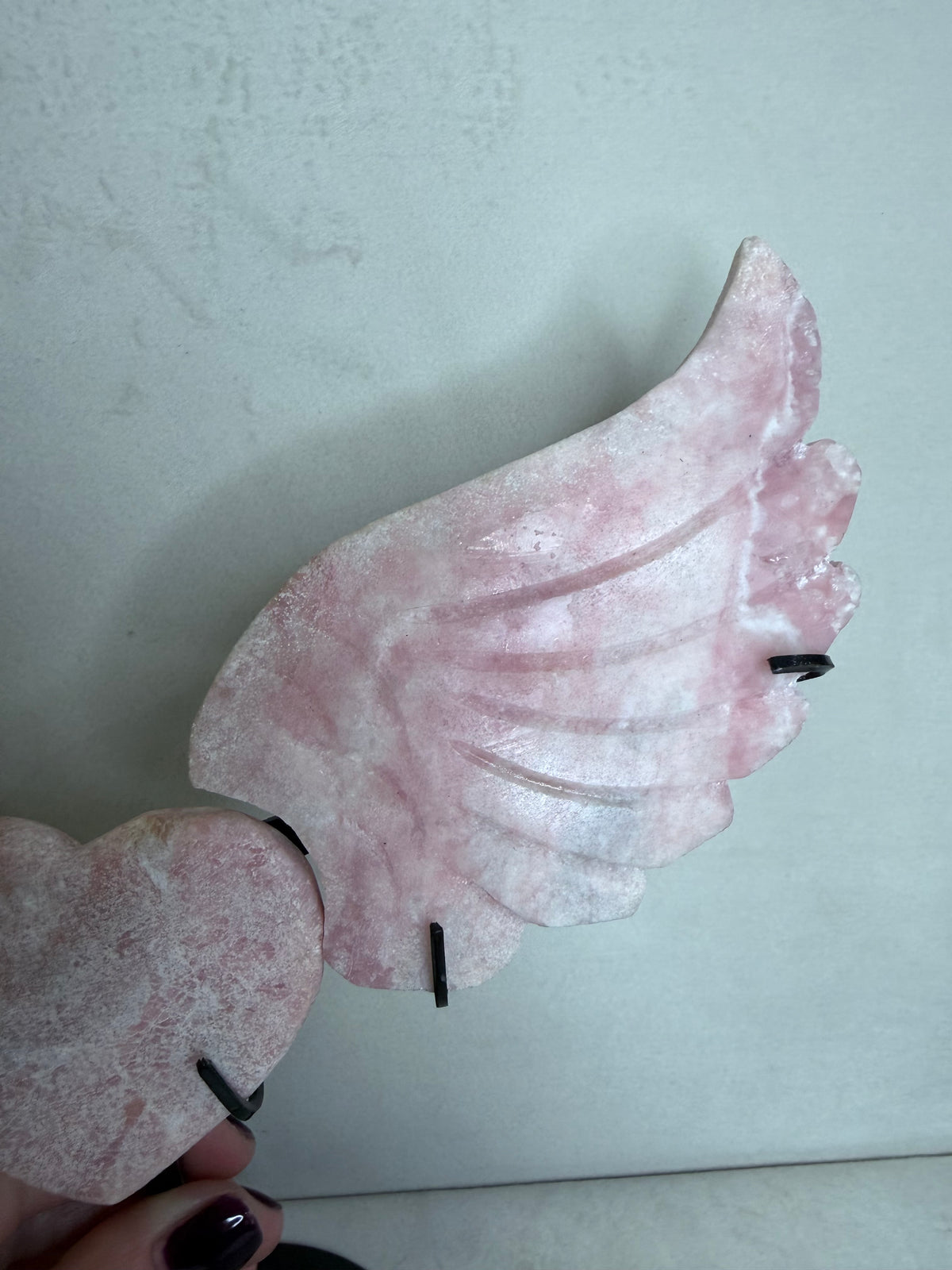 Pink Opal Angel Wings with Heart on Stand – 25cm